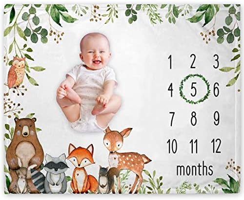 Одеало Yuzioey Woodland Baby Monthly Milestone, Месечни одеяло с графика на растежа на бебето Woodland Animals, Детска градина