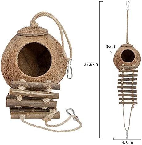 Убежище от естествен кокос Niteangel със Стълби, Играчка за птици и малки животни (Къща със стълби, Естествена повърхност)