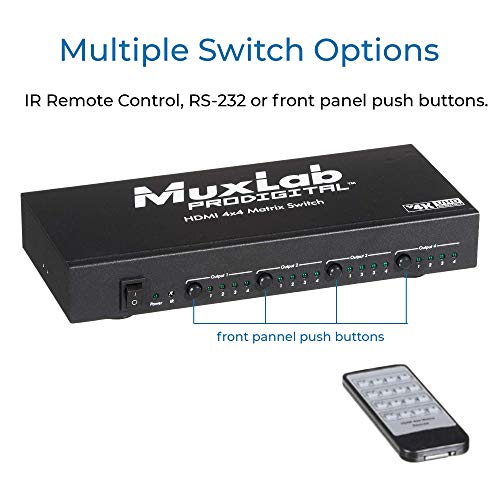 Матричен превключвател/сплитер Muxlab 4x4 HDMI (4 входа и 4 изхода) с IR дистанционно управление | Поддържа Ultra HD 4K x 2K