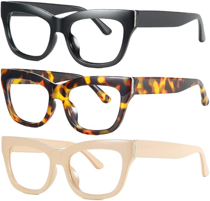 bullabulling 3 опаковки Блестящи Квадратни Очила За четене Котешко Око За Жени И Мъже, Извити Линия, Блокиране на Синя Светлина,