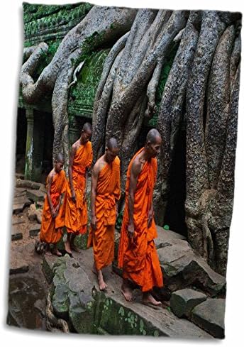 3дрозово-Оранжеви, зелени будистите Theravada, достига гуськом в джунглата Ta Prohm. - Кърпи (twl-179865-3)
