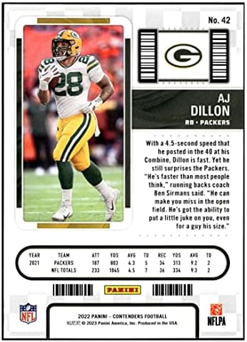 Сезонен билет AJ Dillon 2022 Панини Contenders 42 NM +-MT + Футбол NFL Пакърс