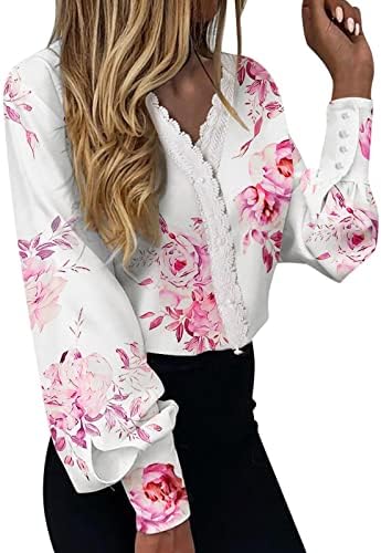 BEUU, Дамски Дантелени ризи с флорални принтом и V-образно деколте, Бизнес и Ежедневни тениски с дълги ръкави, Блузи копчета,