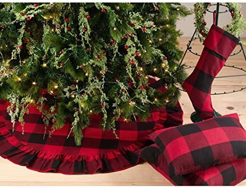 РАЗЛИЧНА пола на Коледна елха с къдри в клетката цвят Бизон - 53 x 53 Червено Традиционен Памук