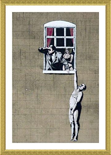 Alonline Art - Гол мъж, висящи от прозорците II от Banksy | Картина в златна рамка, Напечатанная отпечатъци от памук,