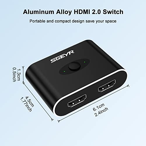 Преминете SGEYR HDMI, Селекторный преминете HDMI 4K @ 60hz, HDMI Switcher 2 in 1 Out, HDMI Switch Сплитер, Алуминиев Двупосочен