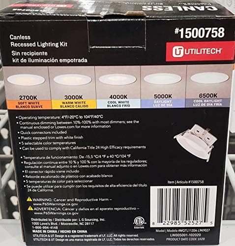 - Вградени лампа Utilitech, което променя цвета си, 4-55-Ваттном изражение, Бял Кръг с регулируема яркост Canless