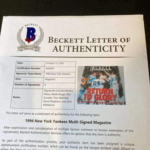 1996 Отбор на Шампионите от Световна серия Ню Йорк Янкис Подписа списание Beckett COA - Списания MLB с автограф