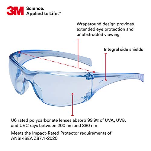 Защитни очила 3M, Virtua AP, 20 броя в опаковка, ANSI Z87, Светло-Сини лещи с твърдо покритие, Синя дограма, Странични