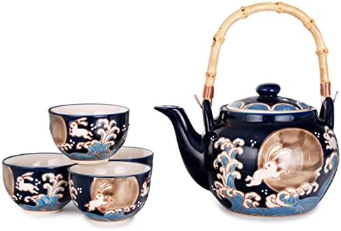 Честит продажба, Идеален Порцелан Чай в Японски стил, Чайник с Цедка, Дървена дръжка и 4 Чаени чаши (BlueDragonfly)