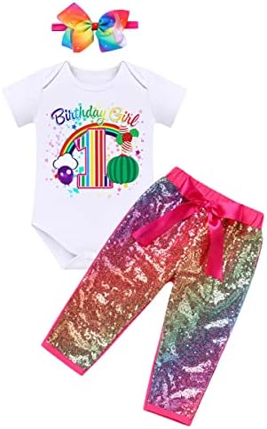 IMEKIS/ Облекло За Рожден Ден с Пъпеш За малки Момичета, Модел Гащеризон, Тениска + Блестящи Дълги Панталони + Превръзка