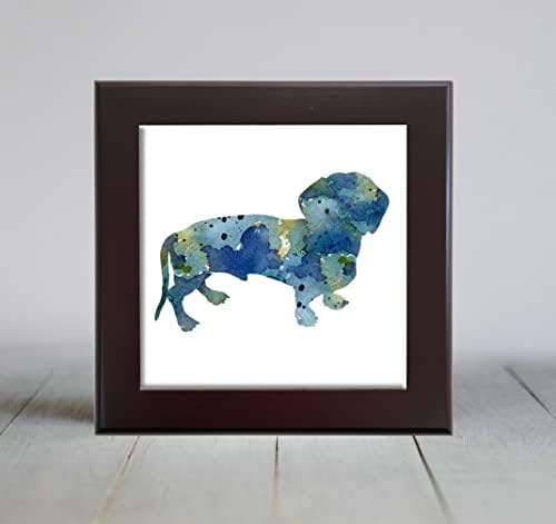 Синя абстрактна декоративни плочки с акварел под формата на куче, дакел (6 х 6 в рамка)