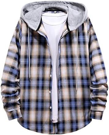 XXBR Мъжки Ризи в Клетка С качулка, Ежедневни Леки Блузи с дълъг ръкав, Есенно-Зимните Модни Фланелен Ризи с копчета