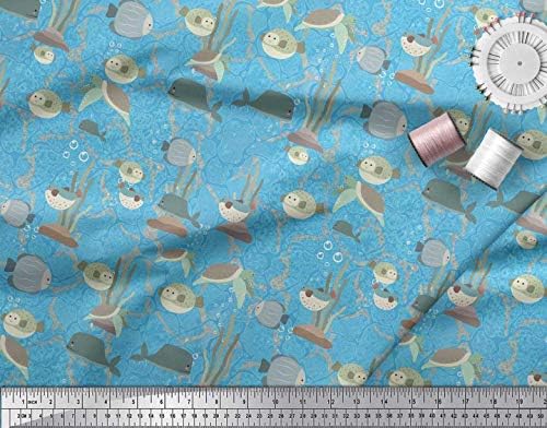 Памучен трикотажная плат Soimoi с щампи във формата на корали, риби и морски костенурки ширина 58 см