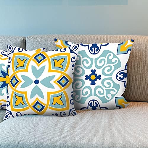 Mologle Жълто-Сини Декоративни Калъфки за възглавници 18x18 Инча в стил Бохо, Геометрична Мандала, Цветя Тюркоаз Калъфка