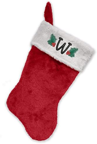 Коледни чорапи с бродирани мен монограм, Червено-бял плюш, Инициал W
