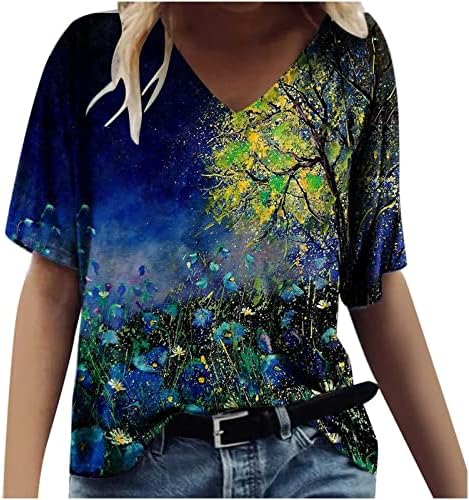 Тениска с Цветен Модел за Жени, Есенно-Летни Дрехи, Памучен Ежедневна Блуза с Къс Ръкав Vneck 0O 0O