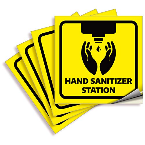 Стикери с надписи iSYFIX Hands Sanitizer Station - 4 опаковки размер 6x6 см - Жълт висококачествен самоклеящийся винил, Етикети,