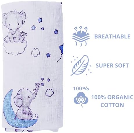 Детско одеяло е от плат със сини слонове |Ултра Мек |От органичен памук, Муслиновое одеало |44 x 44 Инча /110x110