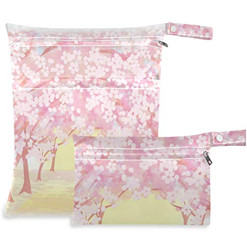 visesunny Cherry Blossom с цветен модел, 2 бр., Влажна чанта с джобове с цип, Моющаяся, Множество, Голям за Пътуване,