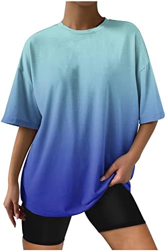 Дамски Градиент Тениска с Къс ръкав, Ежедневни Блузи Размера на Плюс, Туника Свободно, Намаляване С кръгло деколте,