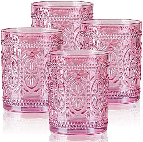 abrwyy Набор от Розова Съдове за готвене от 4 теми, Реколта Чаши за Пиене, 10 унции, Розови Тежкотоварни Стъклени