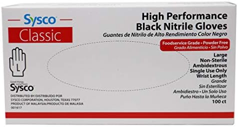 Ръкавици Sysco Nitrile High Performance, Без прах, Хранителни, за Еднократна употреба (100 ръкавици в опаковката) (Големи, черни)