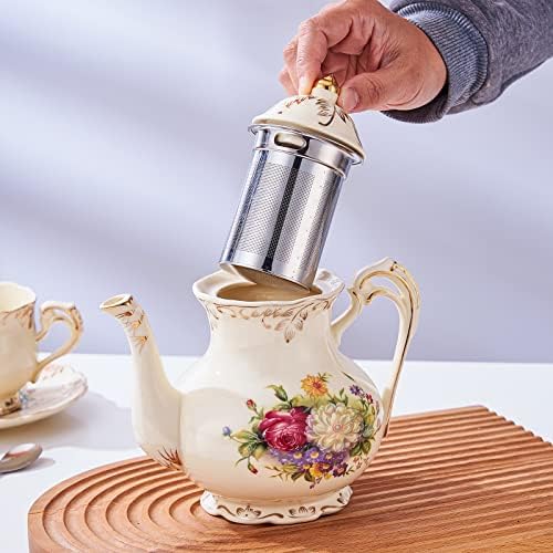 Ретро чайник YOLIFE с приготвяне на чай, 28 грама, 3 Чаши, Керамични кана със Златни листа Floarl (Цъфтящи Храсти)