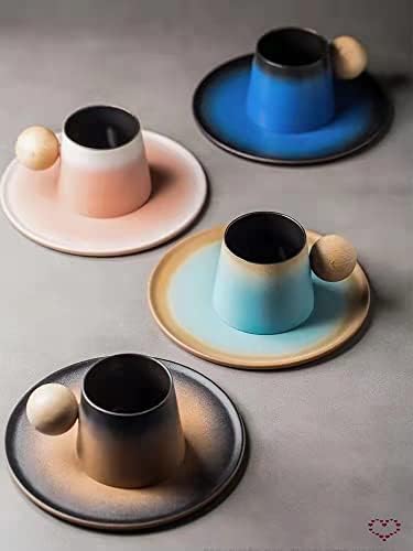 Комплекти керамични чаши и блюдец, сладък градиентный цвят, на чаени чаши и чинии с сферическими дървени дръжки,