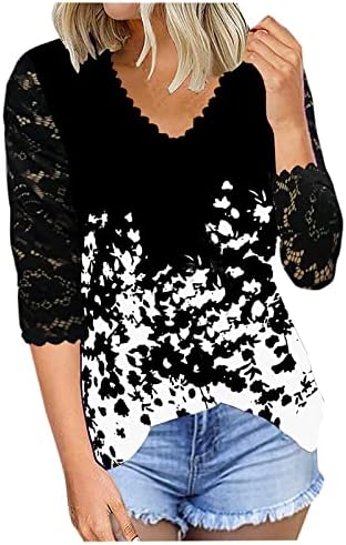 Черна Тениска за момичета, Лято-Есен, Комфорт, Цвят 2023, Модни Дрехи, Лейси Тениска с V-образно деколте и с 3/4 ръкав, Графична