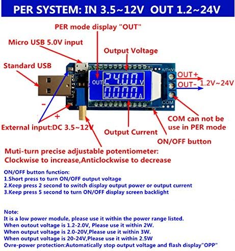 USB стъпка надолу в повишаващ Преобразувател и измервателен тестер 2 в 1 Модул, DC 3,5 ~ 12V 5V към DC 1,2 ~ 24V 3,3 V