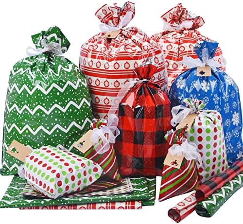 Пакети за Коледни подаръци, Подаръчни Пакети 34шт Различни Размери с Ленточными Завязками и бирками, Големи Коледни Торбички За Опаковане на подаръци, Коледни Суве?