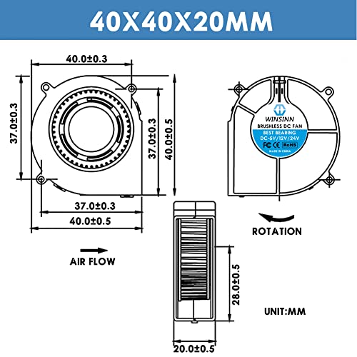 WINSINN 40 мм Вентилатор 12, 3D принтер Micro 12 Волта Вентилатори Вентилатор 4020 Двоен сачмен лагер, 40 мм x 20 мм 2PIN (опаковка от 4 бр.)