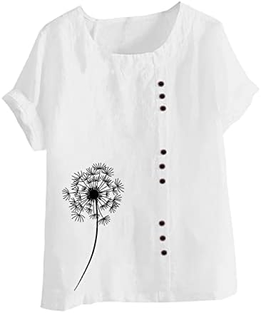 Дамски Летни Блузи 2023, Ежедневни Ризи с кръгло деколте, Риза с Къс ръкав и Копчета, Ризи С Шарките на Глухарче, Свободна Блуза