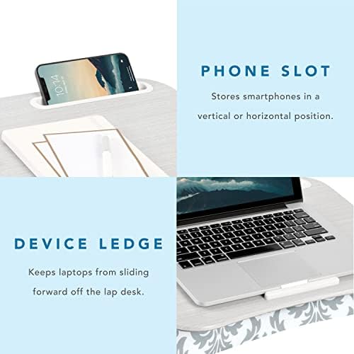 Дизайнерски бюро LapGear XL на колене с държач за телефон и рафтове за устройство - Сив Дамасский - Подходящ за лаптопи