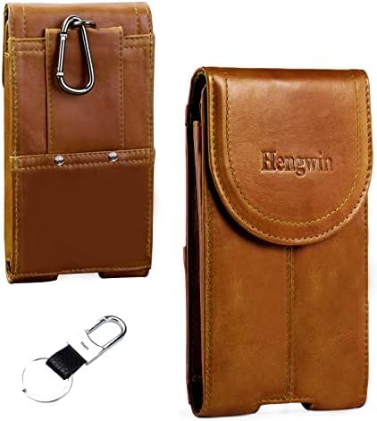 Чанта-кобур за телефон Hengwin за iPhone 14 Pro Max 14 Plus с Клип за колан, Кожена чанта за мобилен телефон на колан + Ключодържател (кафяв)