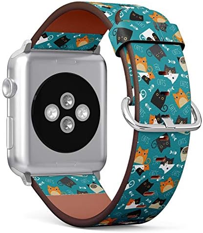(Фигура котки и риба кост на бирюзовом фон) Кожена гривна с модел за Apple Watch Серия 4/3/2/1 поколение, подмяна на ремъците