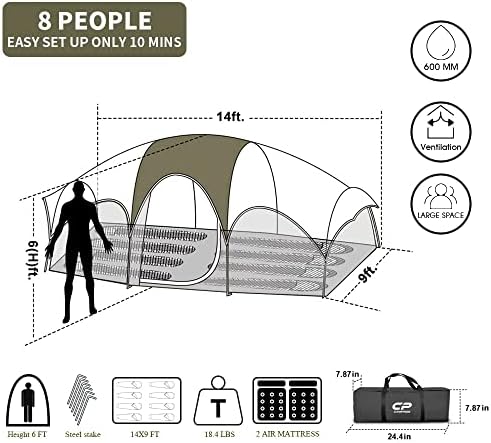 Къмпинг палатки CAMPROS CP Tent за 8 души, 2-Стаен Водоустойчив Семейна палатка с дождевиком отгоре, 5 големи Етажа