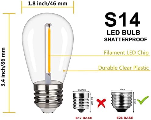 KGC 25 Опаковки Небьющихся и непромокаеми сменяеми led лампи S14 -1 W се Равнява на 10 Вата, Бели Топли улични Струнни