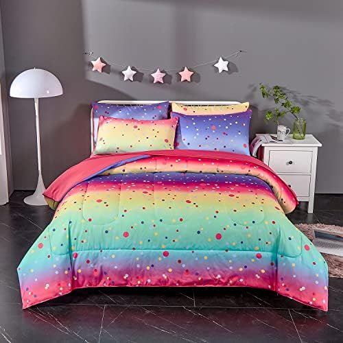 Комплект разноцветного Рейнбоу одеяла ALAOOKKA на точки за момичета на тийнейджърска Легло в пълен размер Queen Size
