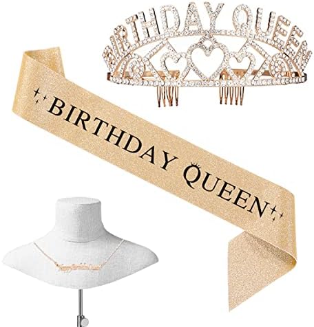 Wailozco Подаръци Кралицата на Рожден Ден, За Жени, Златна Блестяща Диадема с Колан и колие, Диадема с Корона за Рожден Ден