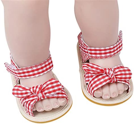 Обувки за новородените момичета с отворени пръсти, в клетката и райета, с лък, Обувки за първите разходки, Летни Сандали