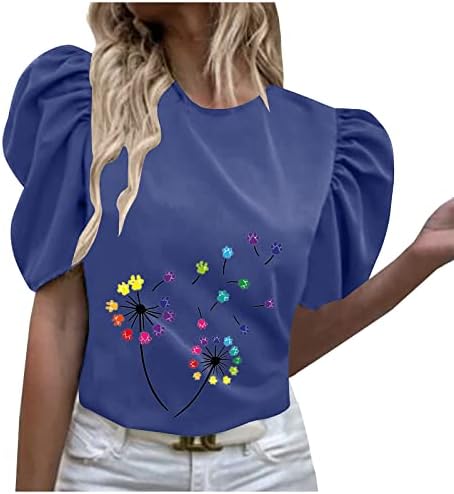 Дамски Летни Блузи 2023 Година, Ризи с кръгло деколте и Пищни Ръкави, Сладък Модни Тениски С Принтом, Свободна Ежедневна