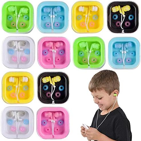 Разноцветни слушалки ArtCreativity за деца и възрастни, комплект от 12 броя, Жични слушалки за деца в прозрачен калъф и с няколко