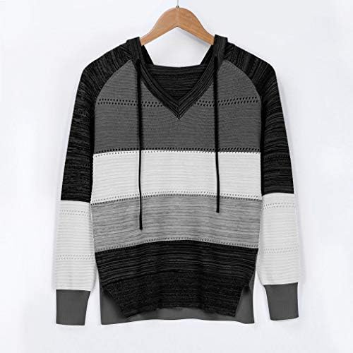 ZEFOTIM Женски вязаный пуловер на райета, леки блузи с цветен блок, еластичен случайни пуловер с дълъг ръкав и завязками с качулка