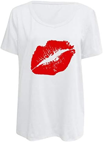 Женска тениска MOMFEI под формата на устни С Къс ръкав и Графичен V-образно деколте