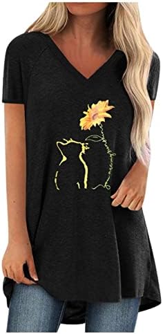2023 Памучен Ежедневни Тениска с Къс Ръкав и Дълбоко V Образно деколте Kawaii Top е за Дами Sun Котка на Слънчогледа Цветен Графичен Топ 2H