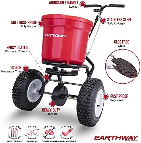 Търговска излъчване за разпръскване на тор EarthWay 2150 тегло от 50 лири (22 кг). Червена, мощен градински сеялка с регулируема скорост засяване и задвижваща дръжка. Големи