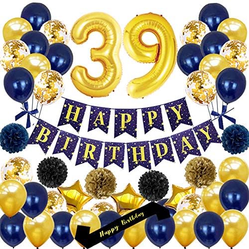 Украса за парти на 39-ия ден от раждането yujiaonly - Златни Банер честит Рожден Ден, 39-ти номер, балони, Колан честит