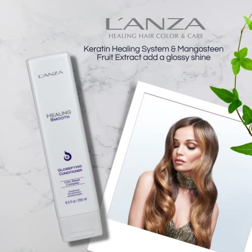 Хидратиращ балсам на L ' ANZA Healing Smooth Glossifying Conditioner подхранва, възстановява и придава на косата блясък и сила, придавайки им идеален копринено гладка на вид, без резба (8